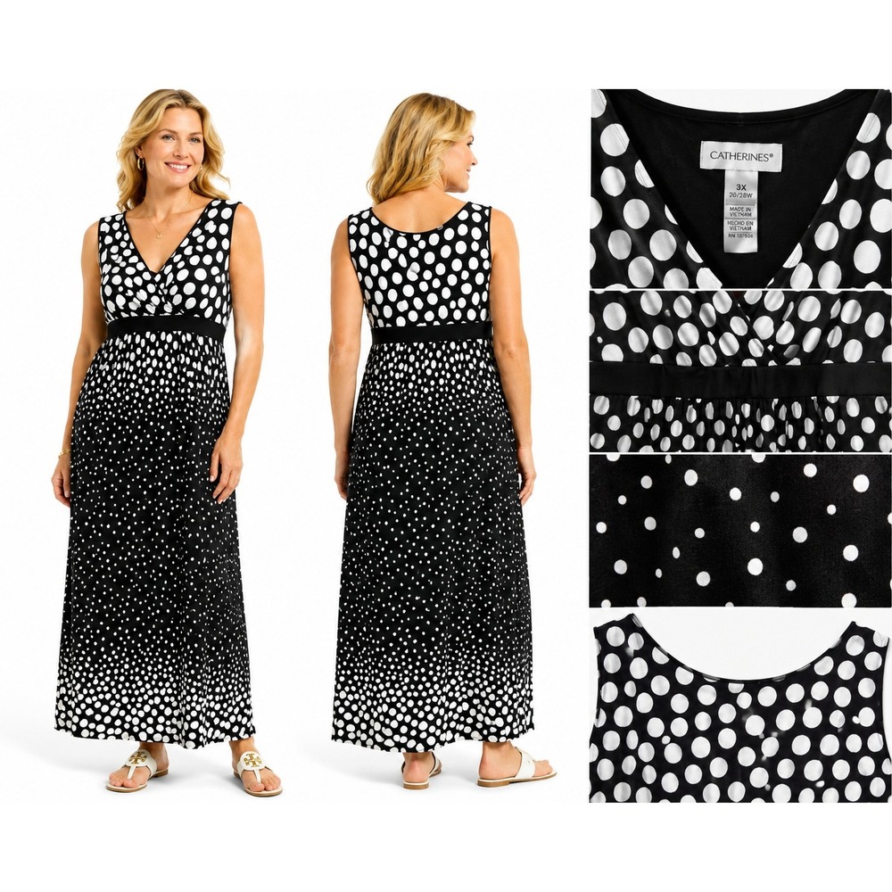 Catherines Maxi Dress Womens 3X Black White Polka Dot Empire Waist V-Neck Jersey